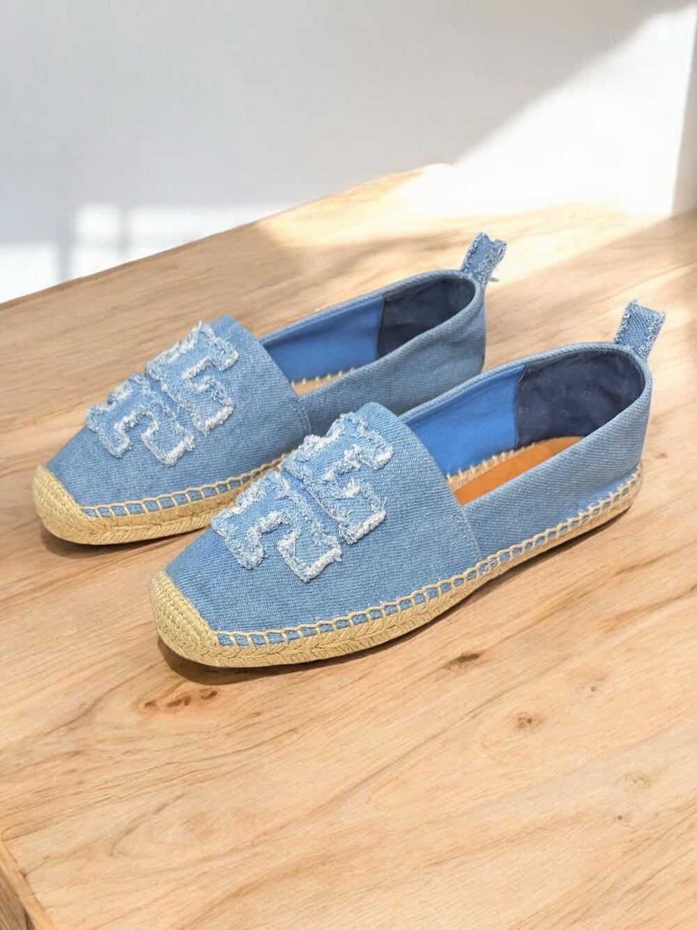Tory Burch Double T Denim Espadrille Flat Size 7M